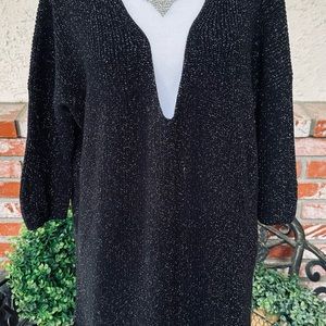 Express Black Metallic Long Sweater; Deep V-Neck/Gold Threads; 3/4 Sleeves; Sz M
